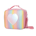 Pink Sparkling Rainbow Heart Insulated Lunch Bag for Kids - Portable School Lunch Box with Shoulder Strap.