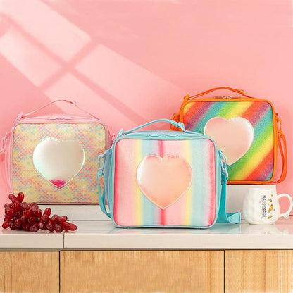 Pink Sparkling Rainbow Heart Insulated Lunch Bag for Kids - Portable School Lunch Box with Shoulder Strap.