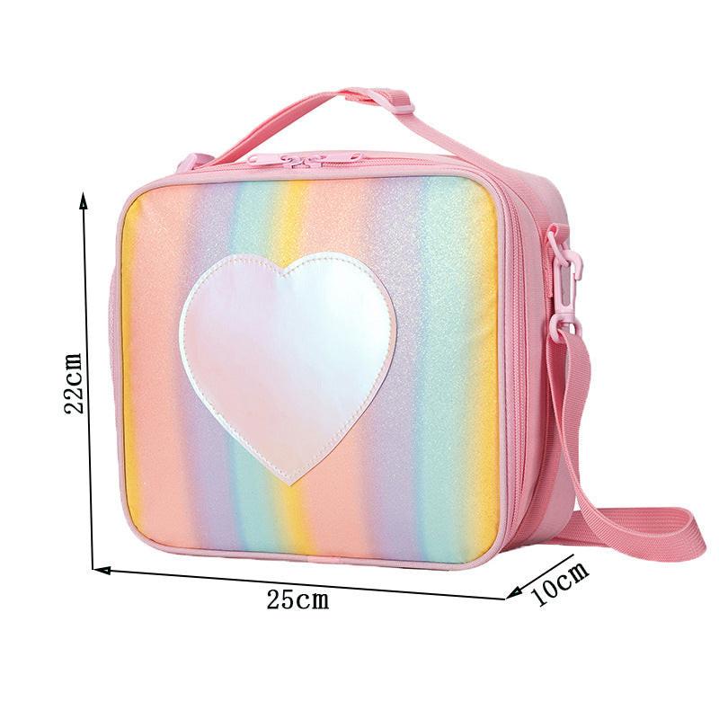 Pink Sparkling Rainbow Heart Insulated Lunch Bag for Kids - Portable School Lunch Box with Shoulder Strap.