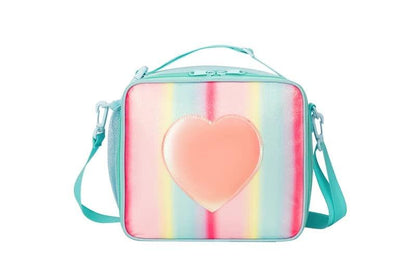 Pink Sparkling Rainbow Heart Insulated Lunch Bag for Kids - Portable School Lunch Box with Shoulder Strap.