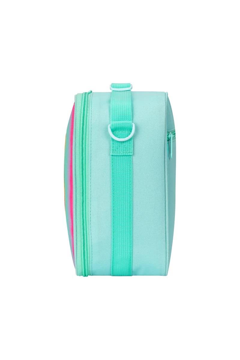 Pink Sparkling Rainbow Heart Insulated Lunch Bag for Kids - Portable School Lunch Box with Shoulder Strap.