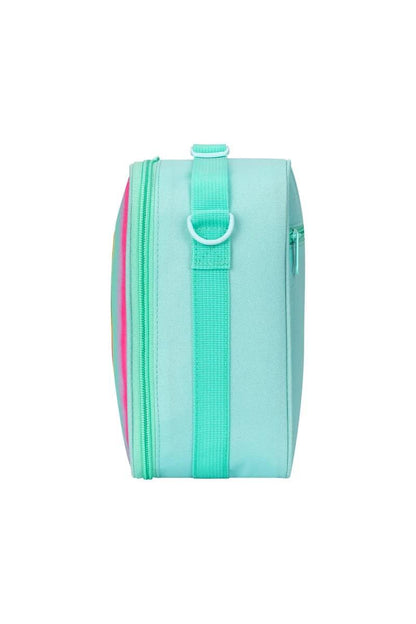 Pink Sparkling Rainbow Heart Insulated Lunch Bag for Kids - Portable School Lunch Box with Shoulder Strap.