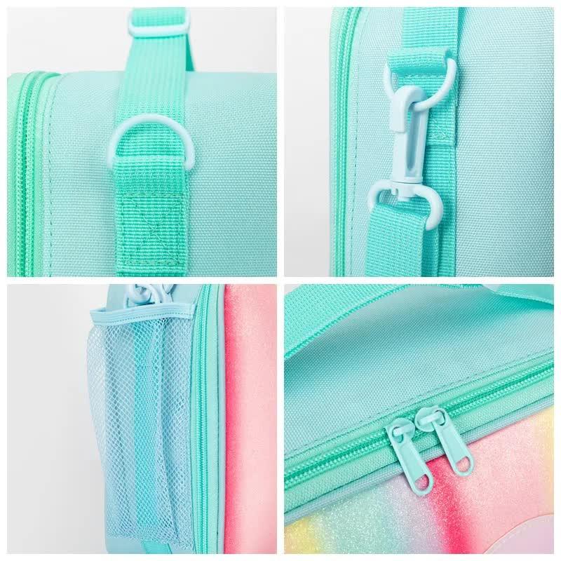 Pink Sparkling Rainbow Heart Insulated Lunch Bag for Kids - Portable School Lunch Box with Shoulder Strap.