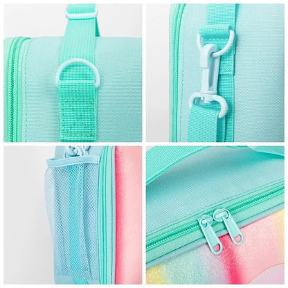 Pink Sparkling Rainbow Heart Insulated Lunch Bag for Kids - Portable School Lunch Box with Shoulder Strap.