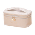 Beige Stylish PU Leather Makeup Bag - Large Capacity Double Layer Waterproof Travel Cosmetic Organizer Case for Women