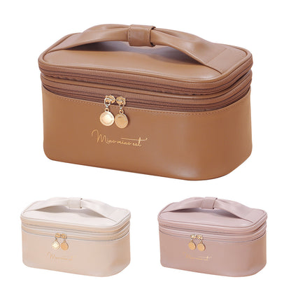 Beige Stylish PU Leather Makeup Bag - Large Capacity Double Layer Waterproof Travel Cosmetic Organizer Case for Women