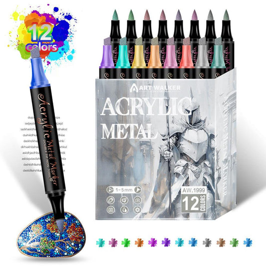 Colorful 12 Colors Dual Tip Metallic Acrylic Paint Pens - Fine Point & Chisel Tip Art Markers for Rock Painting, Crafts, Card Making, Glass.