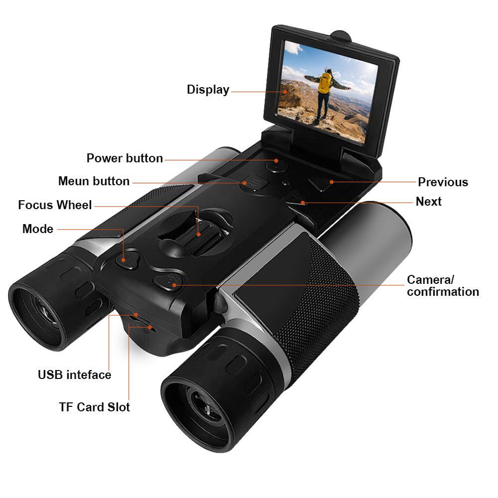 Silver and Black HD Digital Camera Binoculars 8X Zoom - Record Video & Photos with LCD Screen, Starlight Night Vision for Outdoors.