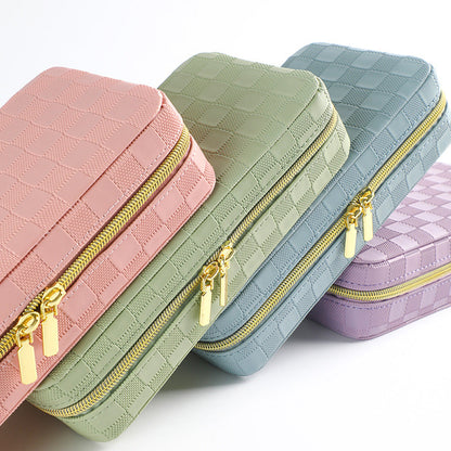 Pink Stylish PU Leather Travel Jewellery Box - Compact Organizer for Rings, Earrings, Necklaces with Mirror