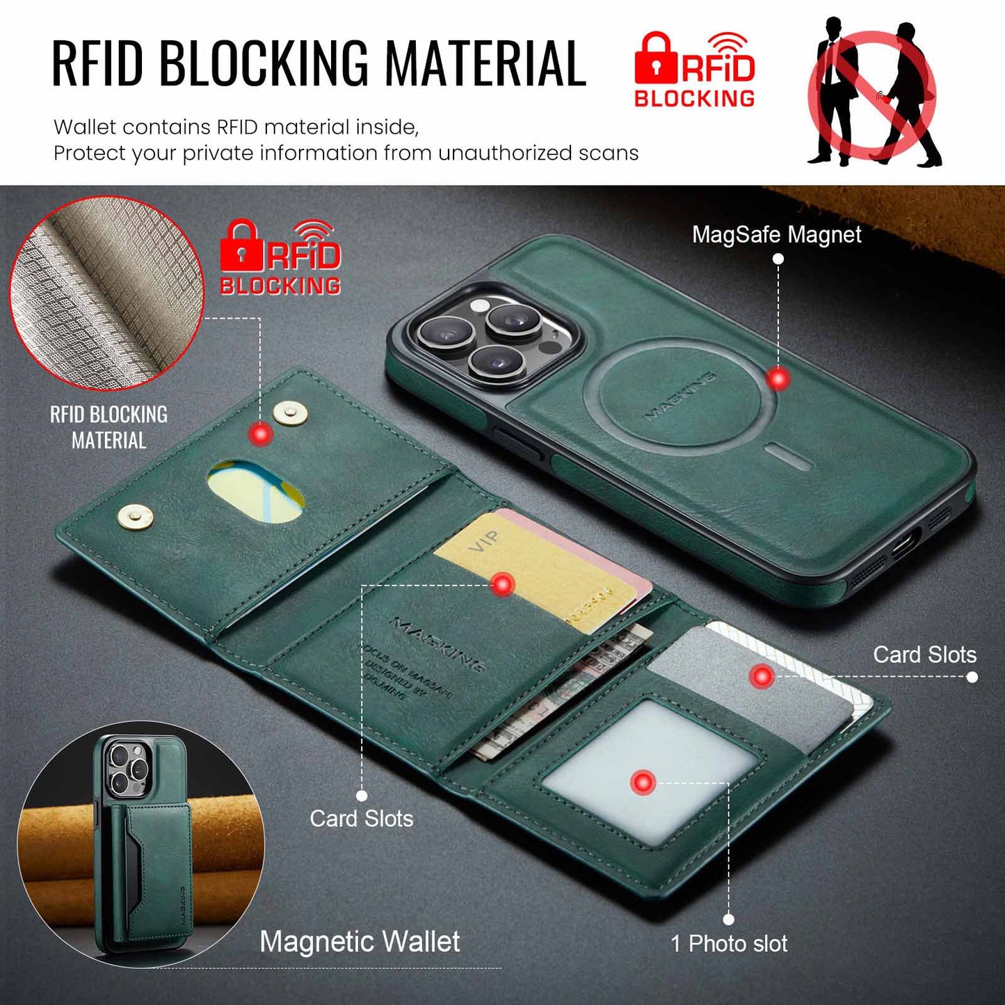 Black Premium MagSafe Wallet Case for iPhone 16 Pro Max - Detachable PU Leather Magnetic Card Holder