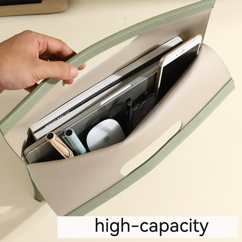 Light Green Professional A4 PU Leather Document Bag - Waterproof Handheld File Folder Portfolio for Business & Conference