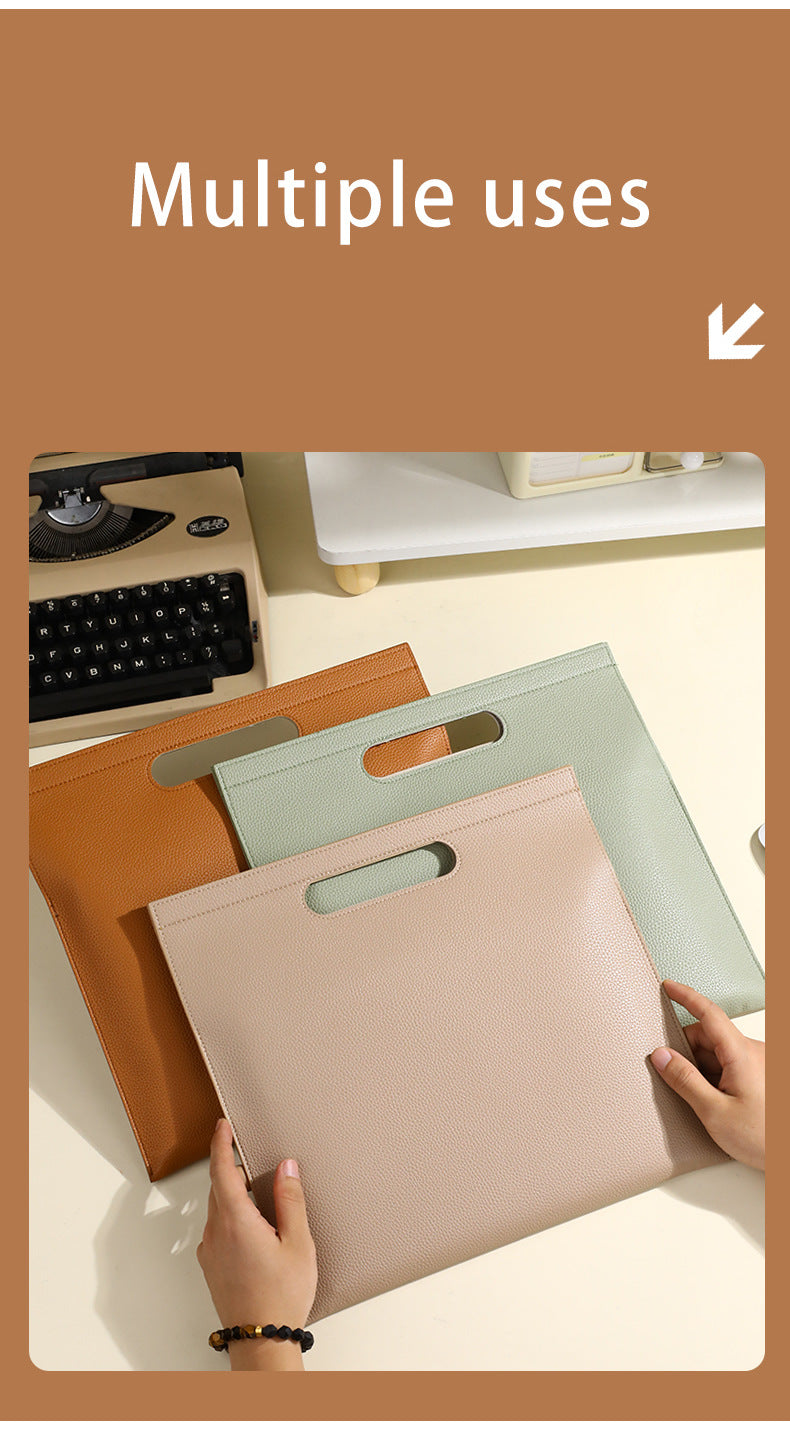 Light Green Professional A4 PU Leather Document Bag - Waterproof Handheld File Folder Portfolio for Business & Conference