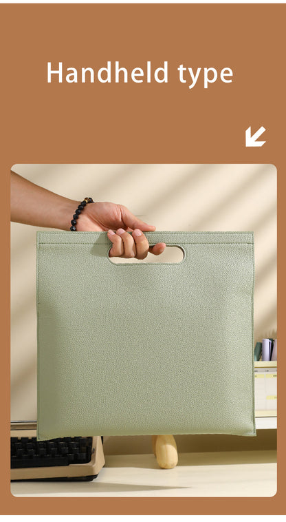 Light Green Professional A4 PU Leather Document Bag - Waterproof Handheld File Folder Portfolio for Business & Conference