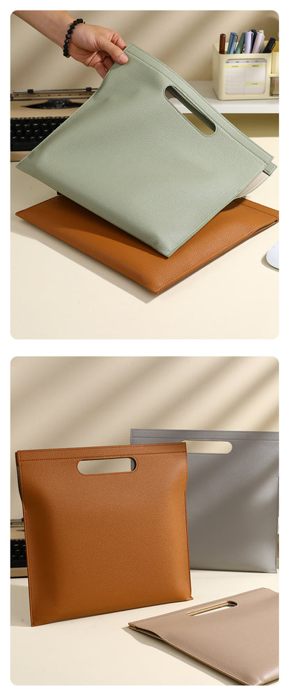 Light Green Professional A4 PU Leather Document Bag - Waterproof Handheld File Folder Portfolio for Business & Conference