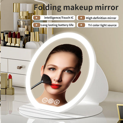 Pink Large Round Foldable LED Makeup Mirror - 22cm Desktop Vanity with 3 Color Lights & Stepless Dimming