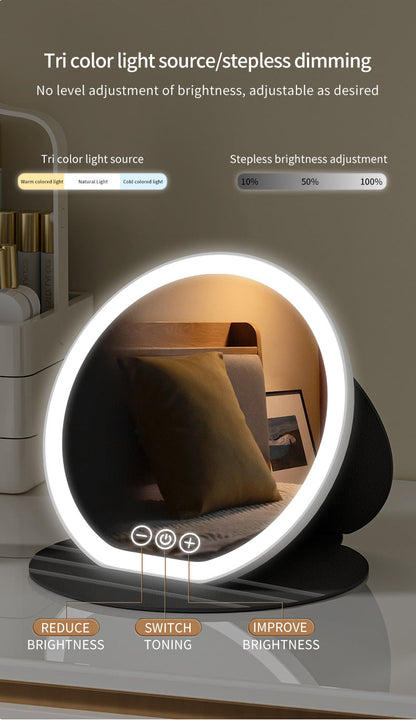 Pink Large Round Foldable LED Makeup Mirror - 22cm Desktop Vanity with 3 Color Lights & Stepless Dimming