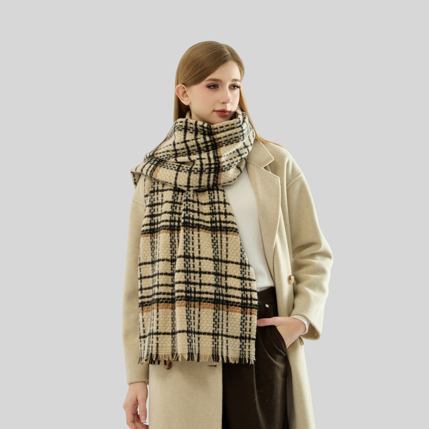 Dark Grey Chic Plaid Winter Scarf - Large Soft Polyester Shawl Wrap with Tassels, Korean Inspired Fashion