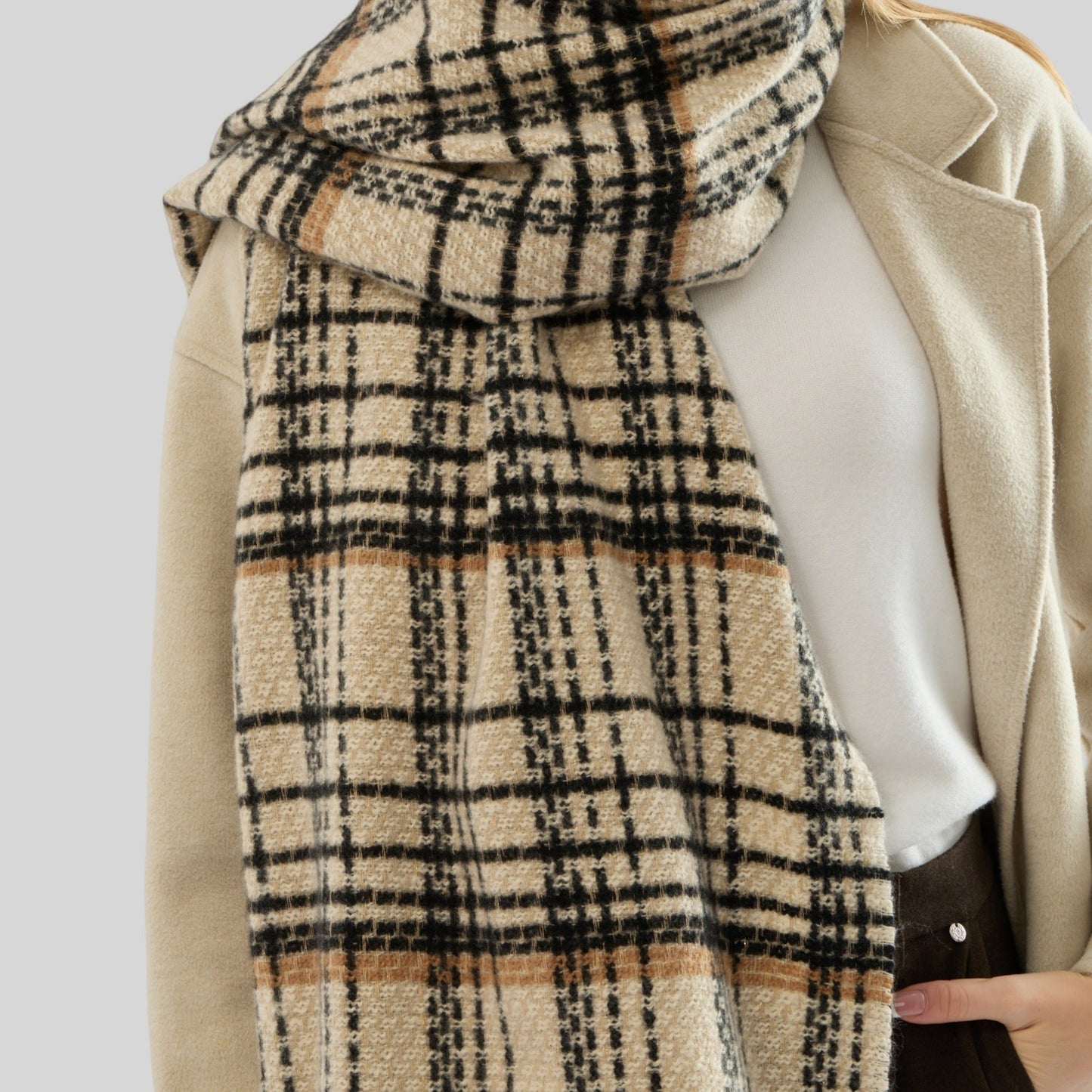Dark Grey Chic Plaid Winter Scarf - Large Soft Polyester Shawl Wrap with Tassels, Korean Inspired Fashion