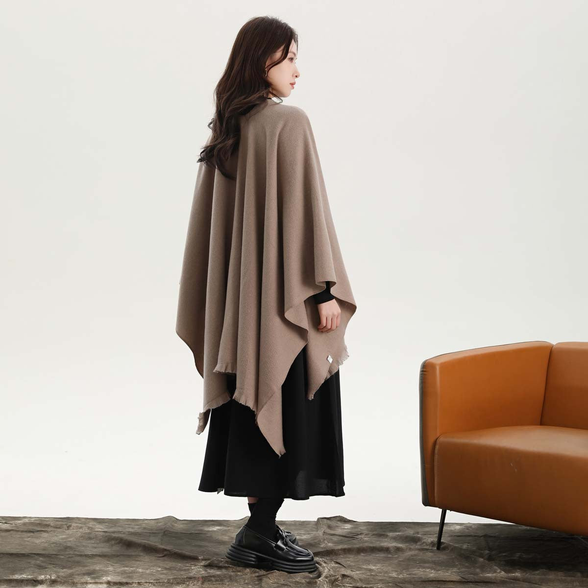 Black Elegant Soft Knit Poncho Cape - Warm Autumn Winter Shawl Wrap with Side Tie, Thick & Luxurious Feel