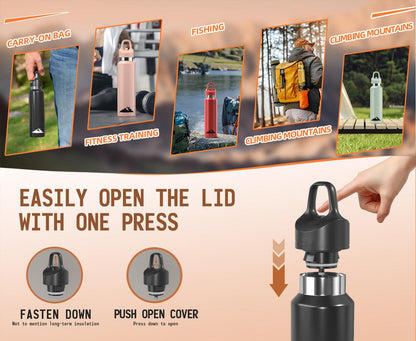 Black 480ml Insulated Stainless Steel Water Bottle - Leakproof One-Click Lid Thermal Flask for Hot & Cold Drinks.