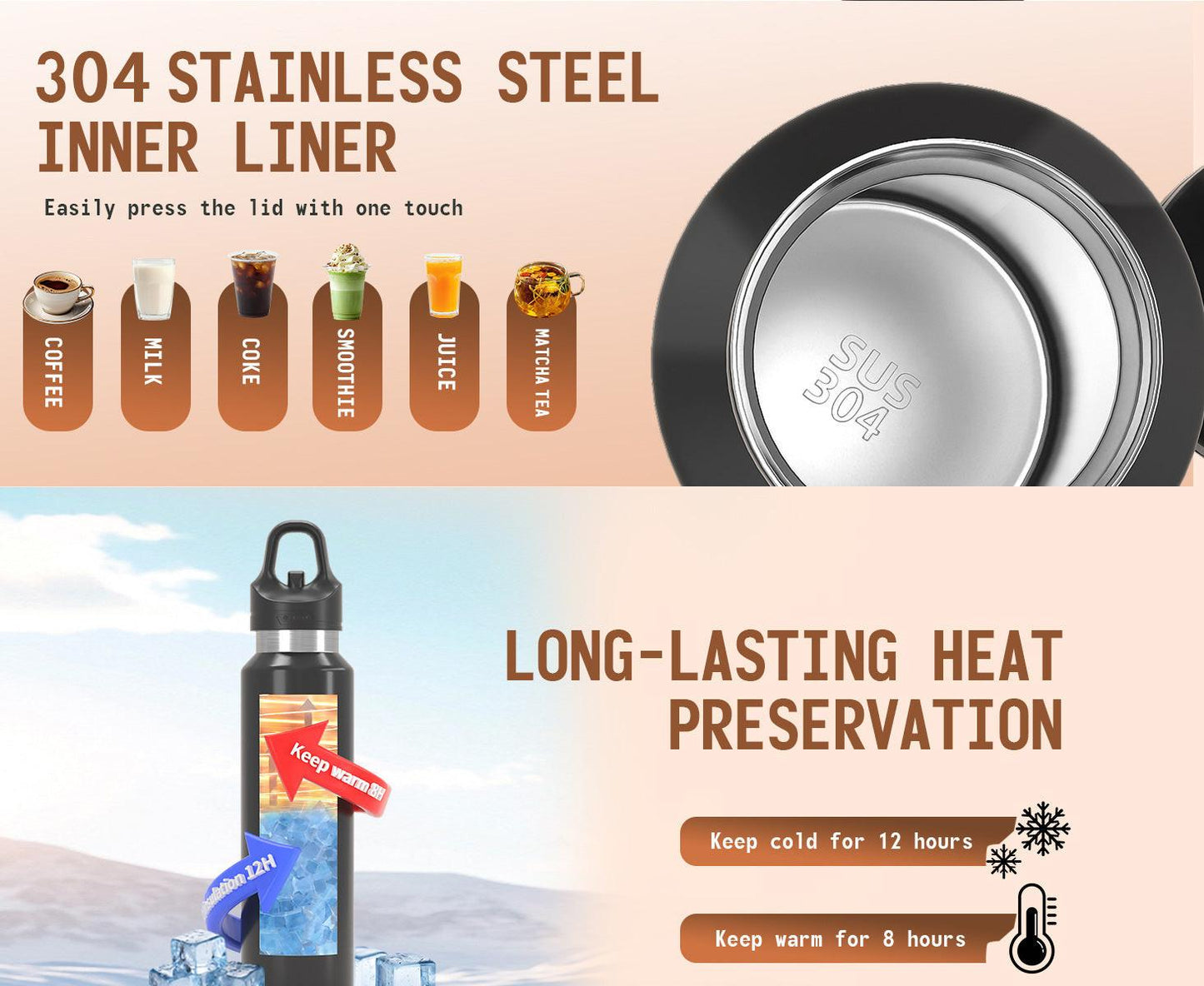 Black 480ml Insulated Stainless Steel Water Bottle - Leakproof One-Click Lid Thermal Flask for Hot & Cold Drinks.
