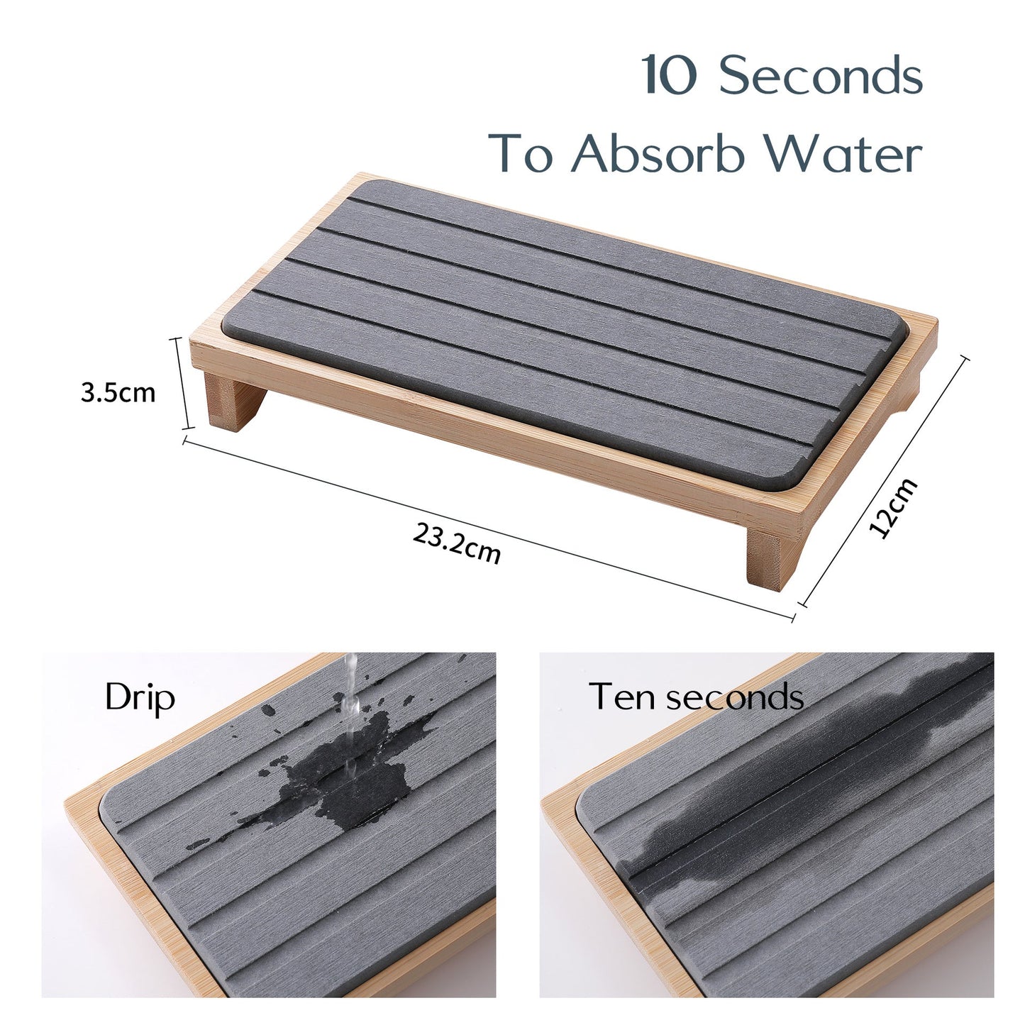 Dark Grey Natural Diatomaceous Earth Absorbent Drying Tray with Bamboo Base - Quick-Dry Stone Mat for Kitchen & Bathroom Sink