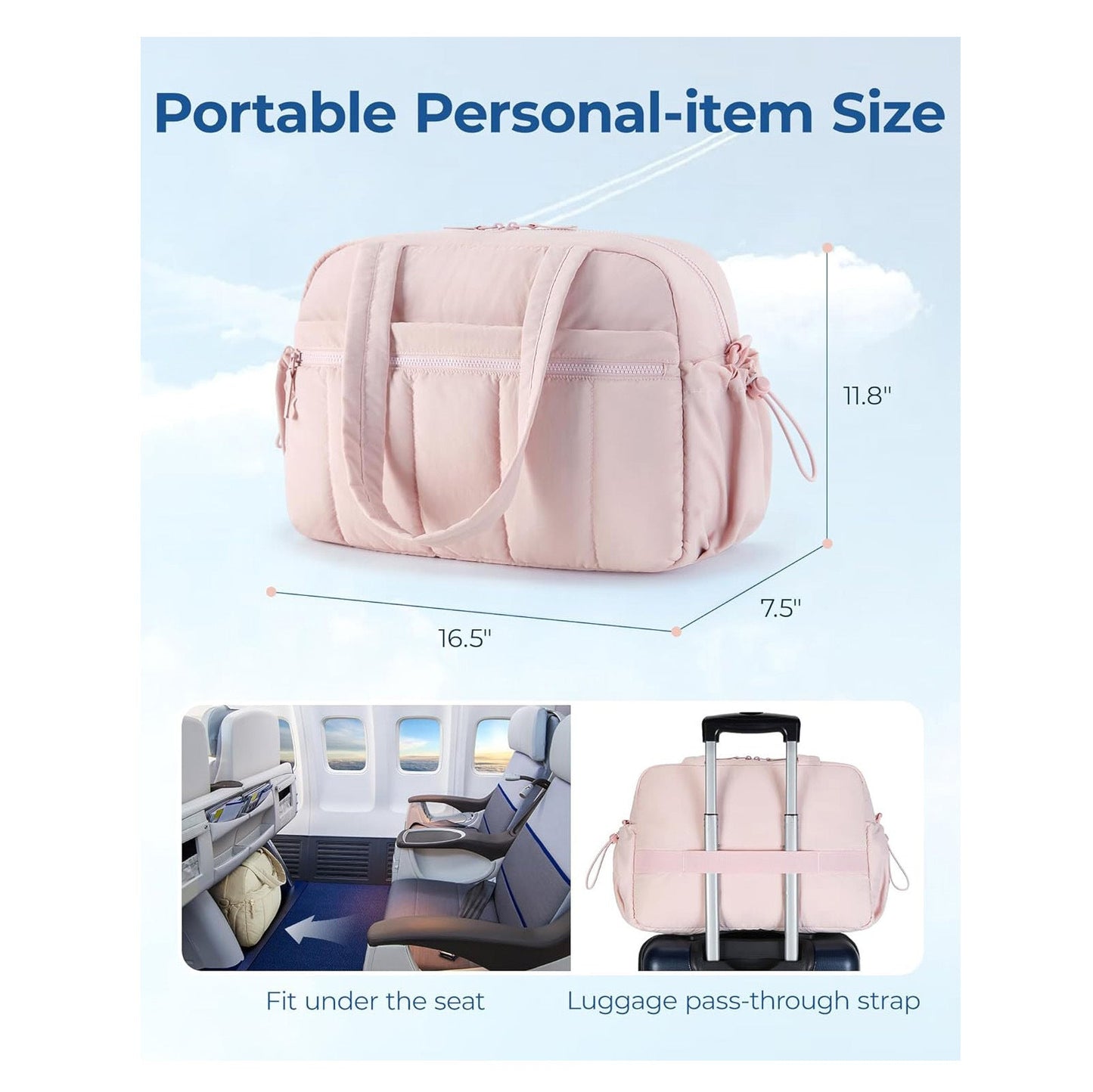 White Large Capacity Quilted Travel Tote Bag - Waterproof Gym Duffel with Wet Pocket (42x19x30cm)