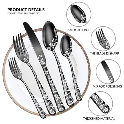 Gold Elegant 20-Piece Stainless Steel Cutlery Set with Floral Design - Dinner & Steak Knives, Forks, Spoons