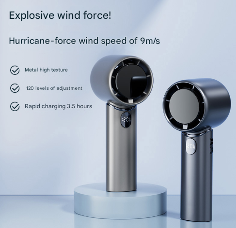 Blue Mini Bladeless Handheld Fan - USB Rechargeable, Quiet Portable Desk Fan.