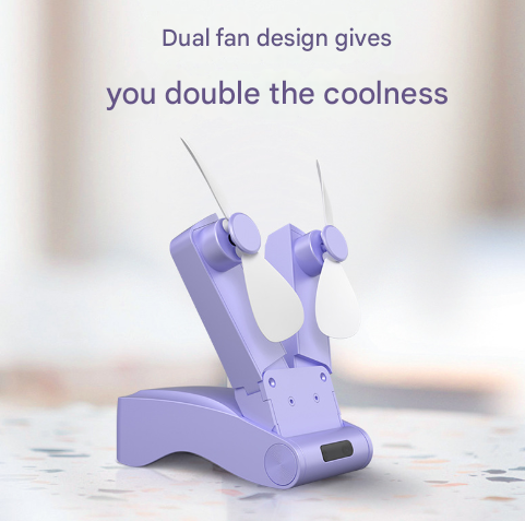 White Creative Dual-Head Folding Handheld Fan - USB Rechargeable, 3-Speed Strong Wind, 10.5x4.5x4cm.