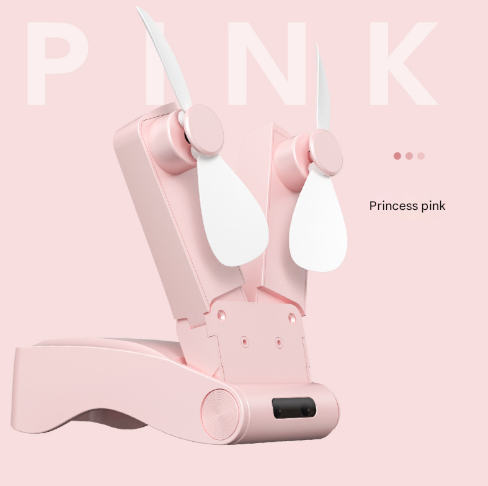 Pink Creative Dual-Head Folding Handheld Fan - USB Rechargeable, 3-Speed Strong Wind, 10.5x4.5x4cm.