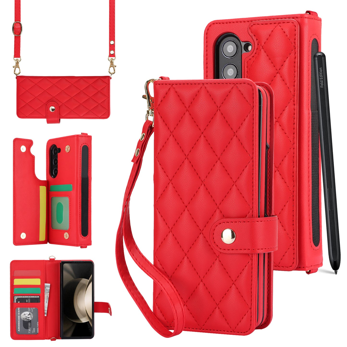Galaxy Z Fold6 Multi-Functional Leather Wallet Case for Samsung Z Fold Series - Crossbody with Pen Slot, Quilted Design Pen Not Included
