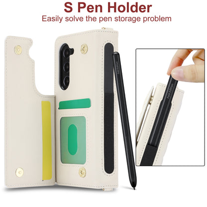 Galaxy Z Fold6 Multi-Functional Leather Wallet Case for Samsung Z Fold Series - Crossbody with Pen Slot, Quilted Design Pen Not Included
