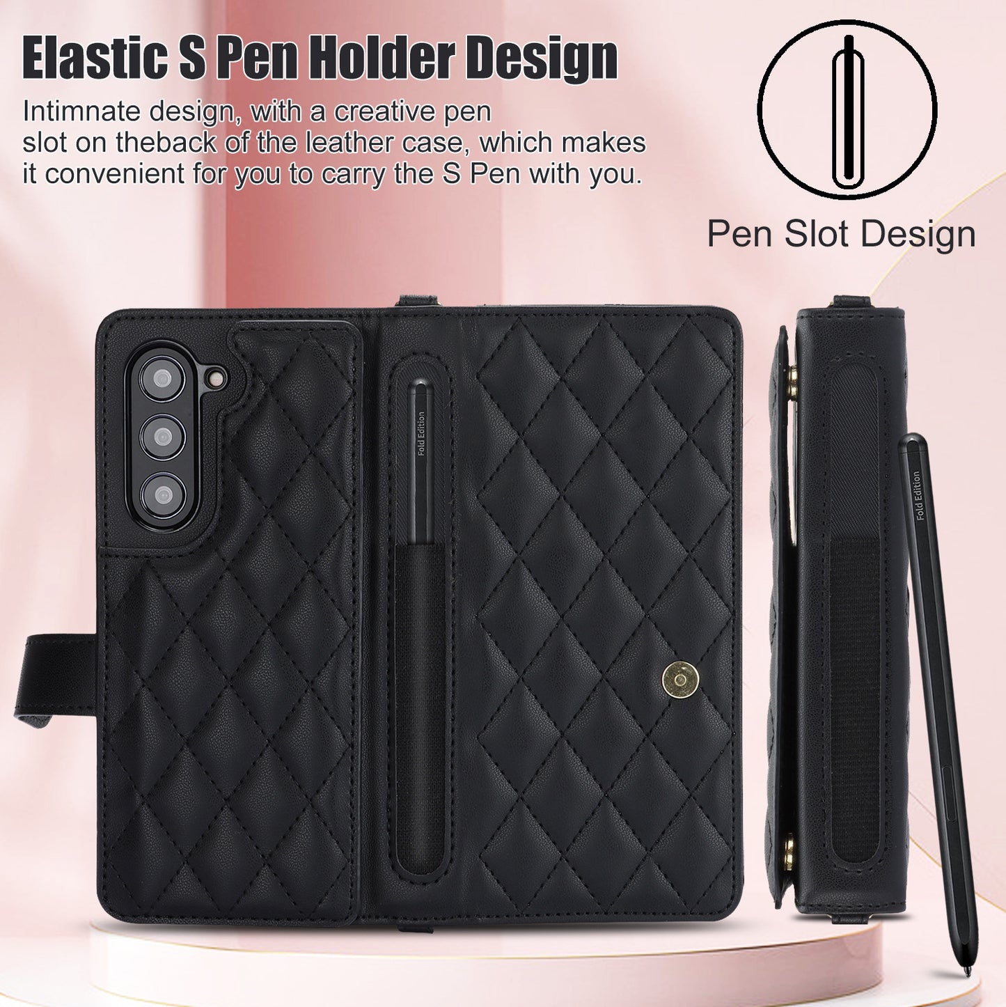 Galaxy Z Fold6 Multi-Functional Leather Wallet Case for Samsung Z Fold Series - Crossbody with Pen Slot, Quilted Design Pen Not Included