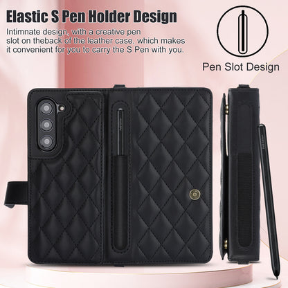 Galaxy Z Fold6 Multi-Functional Leather Wallet Case for Samsung Z Fold Series - Crossbody with Pen Slot, Quilted Design Pen Not Included