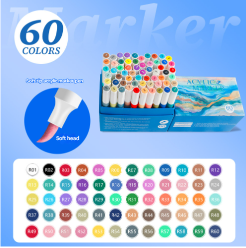 60 Color Acrylic Marker Pens for Kids - Washable Drawing and Doodling Set for Creative Art.
