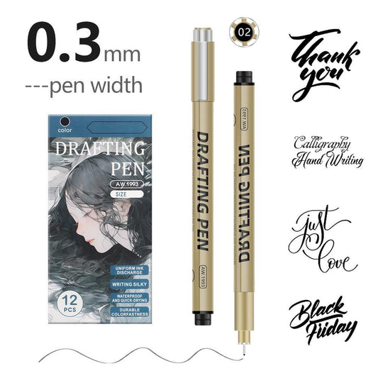 0.35mm 12-Piece Precision Drawing Pen Set - Waterproof Anime Sketching Pens for Students, Assorted Tips.
