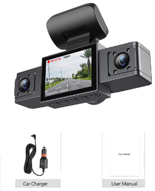 3-Inch HD 1080P Dash Cam - Front, Rear, and Left Recording, 19x12x8cm.