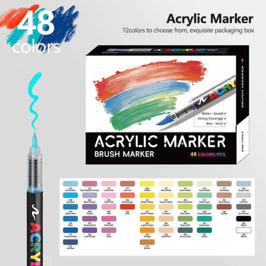 48 Colour Set Vibrant Cyan Acrylic Marker with Soft Brush Tip - 13.8 cm Professional Art Pen.