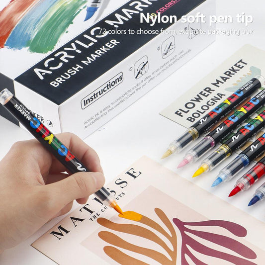 60 Colour Set Vibrant Cyan Acrylic Marker with Soft Brush Tip - 13.8 cm Professional Art Pen.