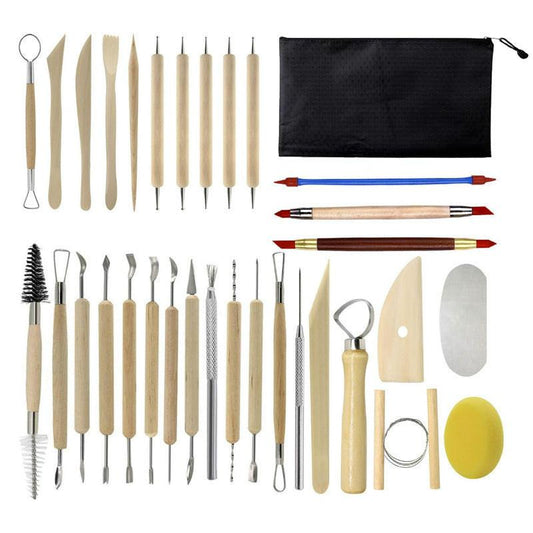 32-Piece Pottery Tool Set with Cloth Bag - DIY Clay Sculpting Kit for Kids.