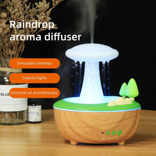 Light Woodgrain Raindrop Mushroom Aroma Diffuser - 280mL Ultrasonic Humidifier with Colorful Lights.