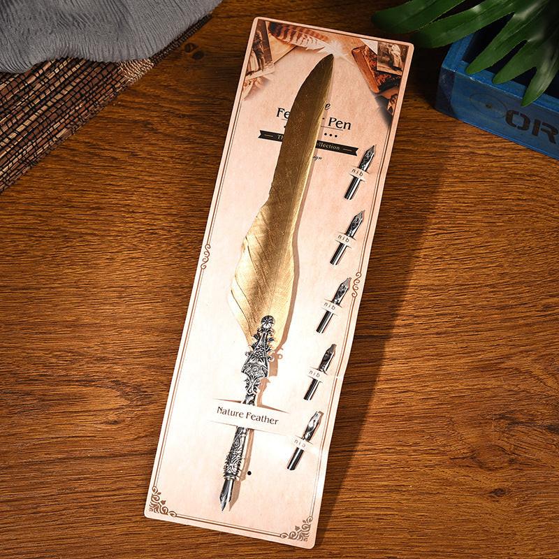 Sword Plume Gold European Dip Feather Quill Pen Set - 2-Piece Retro Business Gift Box with 5 Nib Sizes.