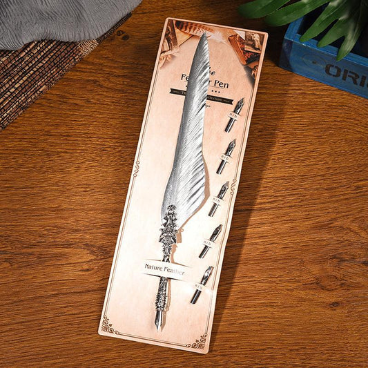 Sword Plume Silver European Dip Feather Quill Pen Set - 2-Piece Retro Business Gift Box with 5 Nib Sizes.