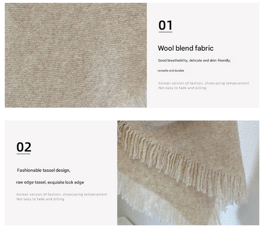 Beige Versatile Fringed Faux Wool Triangle Shawl - Warm Knitted Scarf