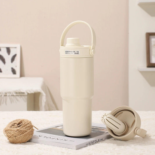 White 30oz Ceramic-Lined Insulated Tumbler with Handle, 735ml Stainless Steel Travel Mug.