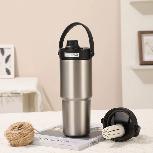 Silver 30oz Ceramic-Lined Insulated Tumbler with Handle, 735ml Stainless Steel Travel Mug.