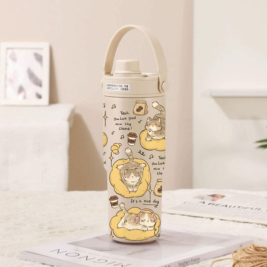 Light Cream Coffee-Lazy Kitten 30oz Ceramic-Lined Insulated Tumbler with Handle, 735ml Stainless Steel Travel Mug.