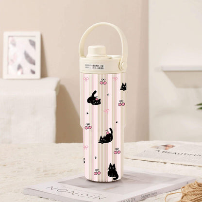 White-Line Black Cat 30oz Ceramic-Lined Insulated Tumbler with Handle, 735ml Stainless Steel Travel Mug.