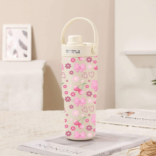 White-Line Cherry Bow 30oz Ceramic-Lined Insulated Tumbler with Handle, 735ml Stainless Steel Travel Mug.